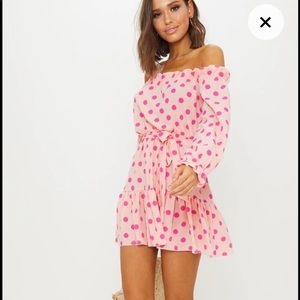 Dusty Pink Polka Dot Bardot Tie Waist Shift Dress